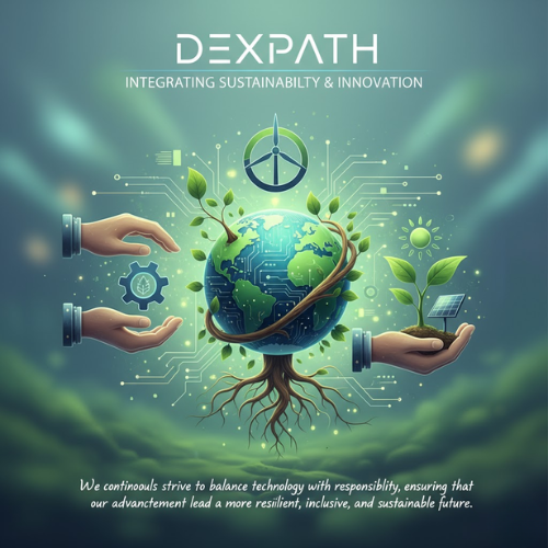 DEXPATH's commitment to sustainability, showing a robotic hand and nature.
